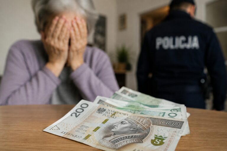 Płońsk: Podawał się za osobę z wodociągów. Seniorka z Płońska straciła oszczędności Smutna kobieta, pieniądze na stole.